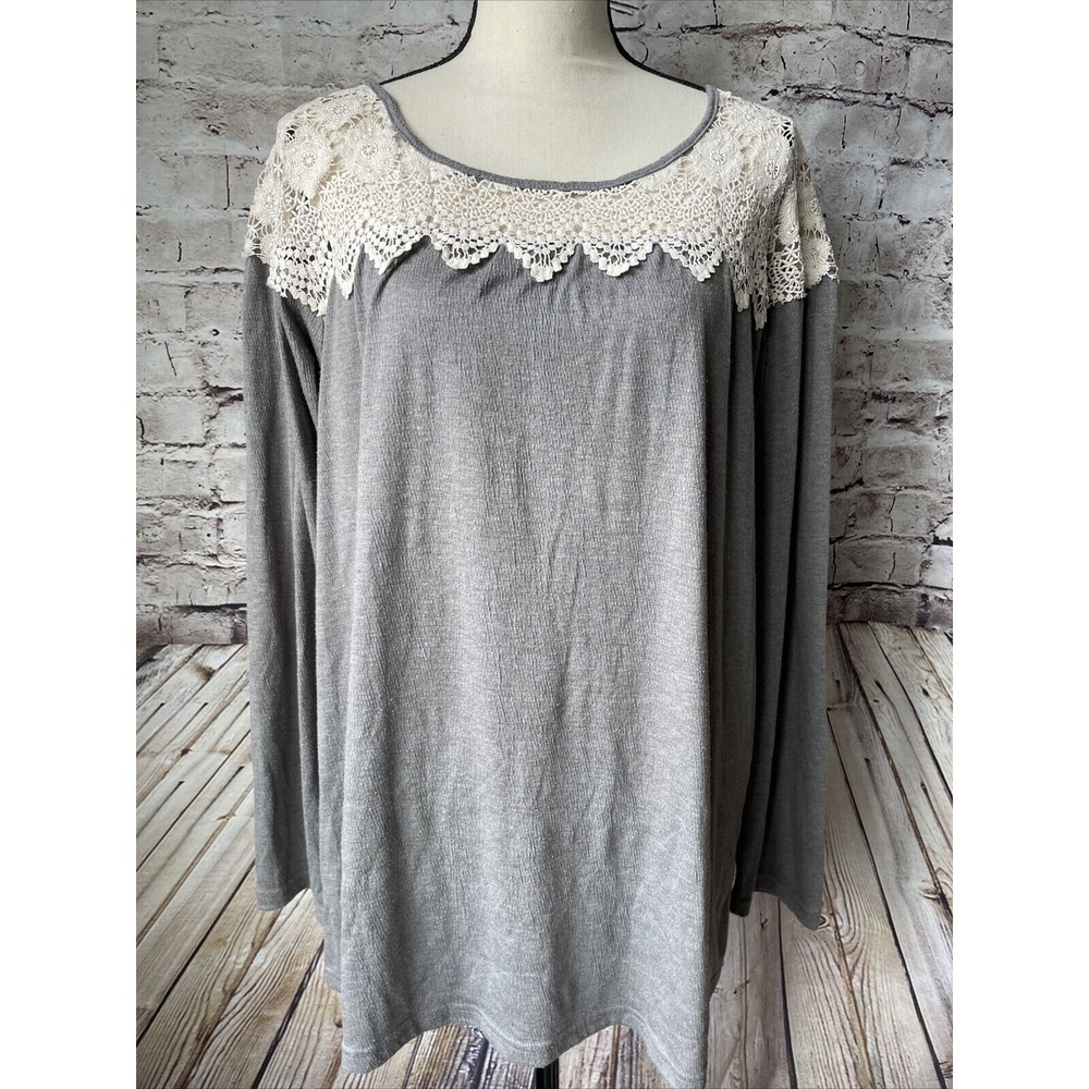 Umgee Womens Shirt L Long Sleeve Gray Shirt Lace Top Casual